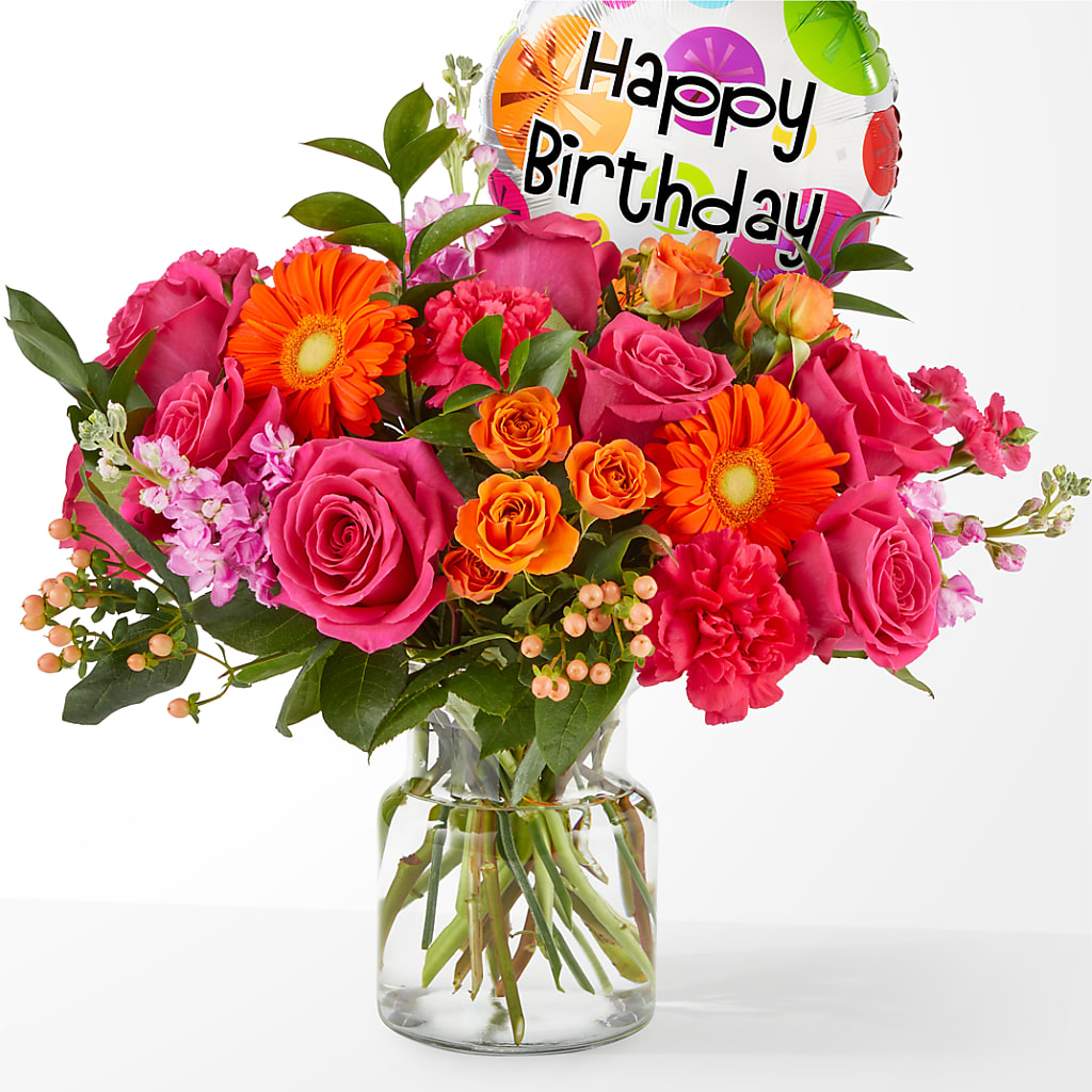 Fiesta Bouquet with Birthday Balloon – Park Lake Flowers, Mc Gregor TX