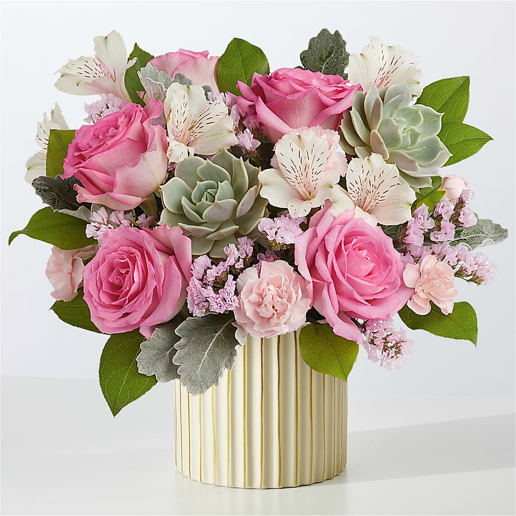 Dusty Rose Bouquet with Ivory Vase – Park Lake Flowers, Mc Gregor TX