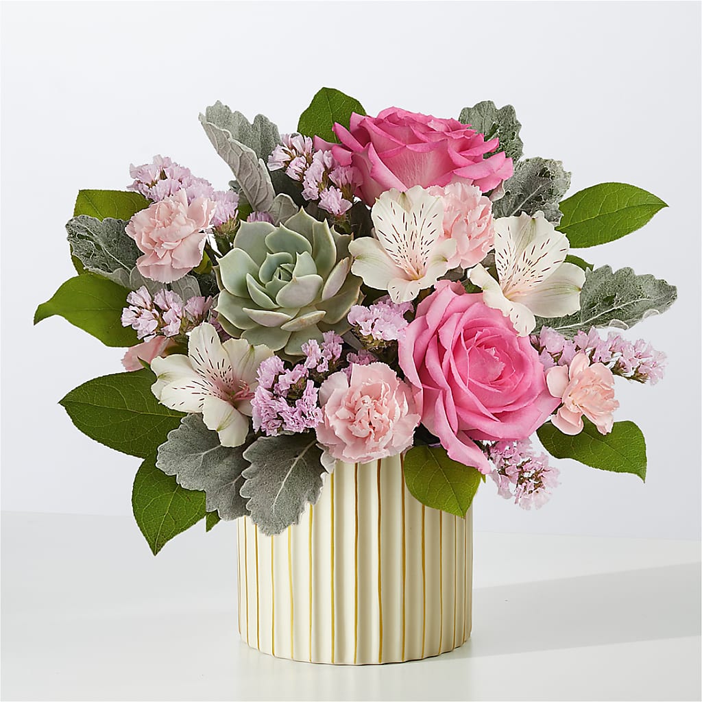Dusty Rose Bouquet with Ivory Vase – Park Lake Flowers, Mc Gregor TX