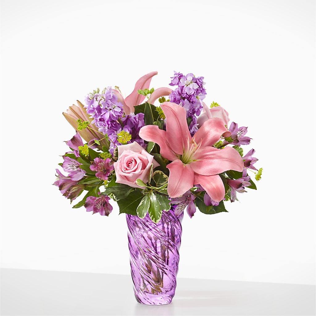 Precious Petals Bouquet with Luxe Swirl Vase – Park Lake Flowers, Mc Gregor TX
